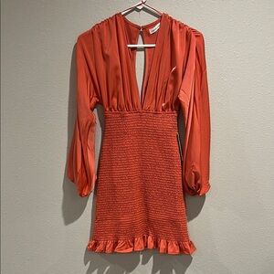 Vibrant Peach Long-Sleeve V-Neck Smocked Dress